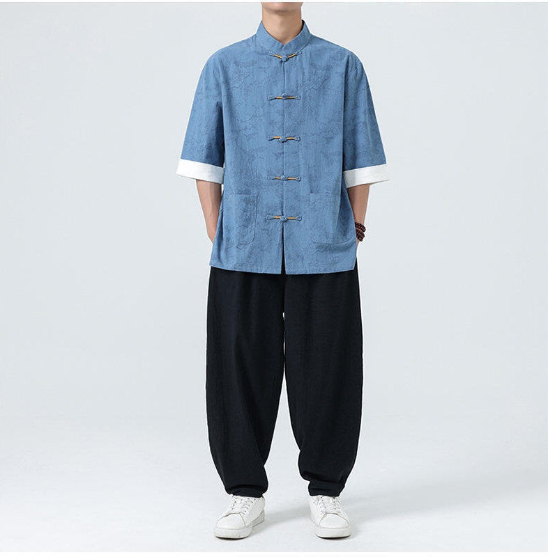 Men's Modern Chinese Style Half Sleeve Tang Suit Shirt