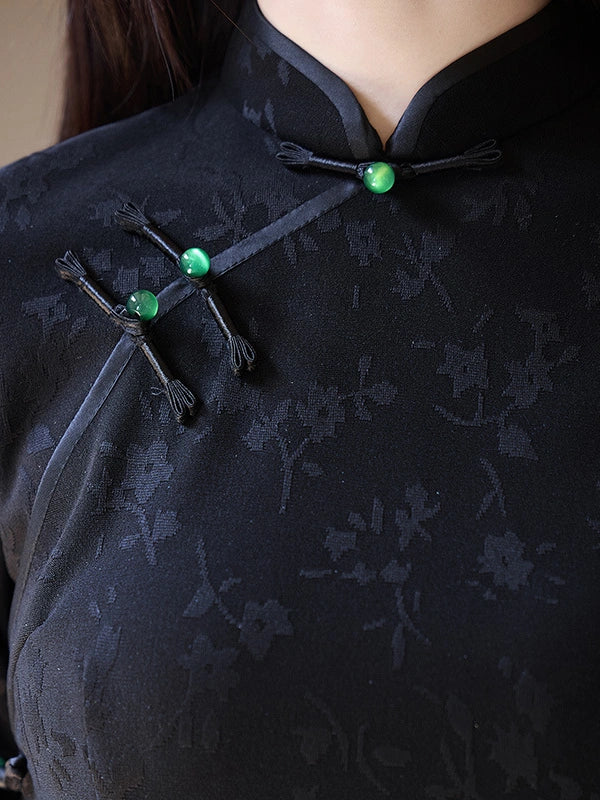 Modern Floral Cotton Jacquard Long Sleeve Qipao