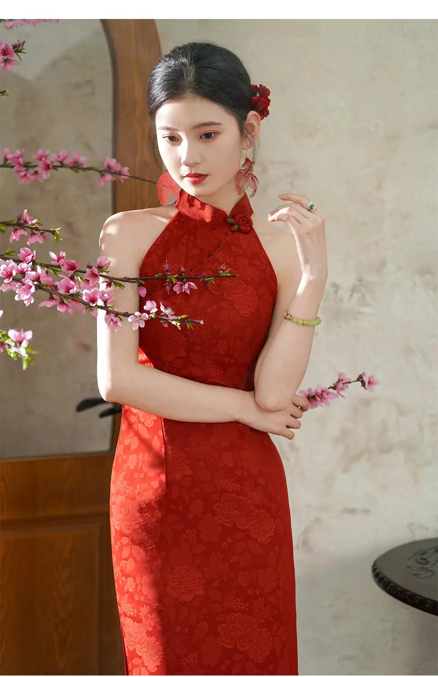 Red Floral Jacquard Halter Modern Bridal Qipao Dress