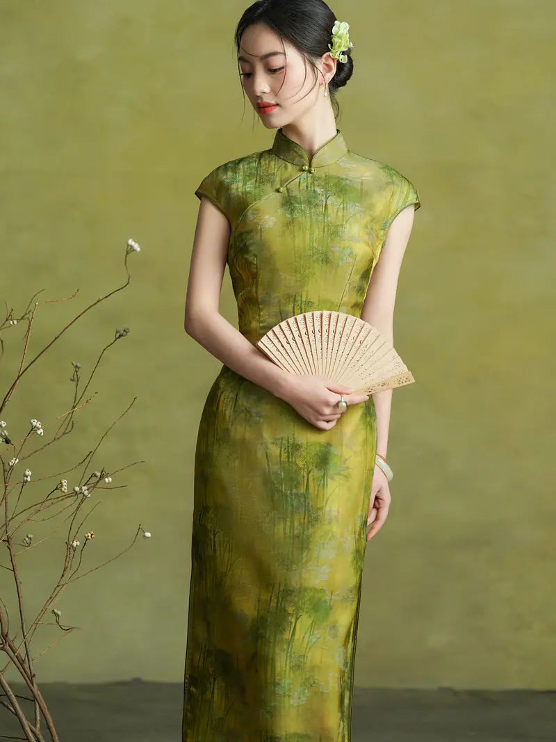 Vintage Green Bamboo Forest Cap Sleeve Qipao Dress