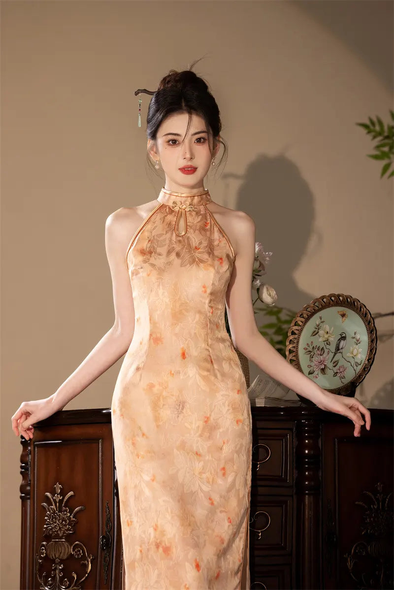 Halter Neck Floral Midi Cheongsam Qipao Dress