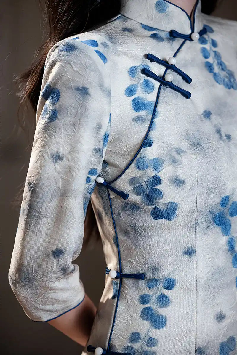 Blue/Green Plum Blossom Long Sleeves Qipao Cheongsam Dress