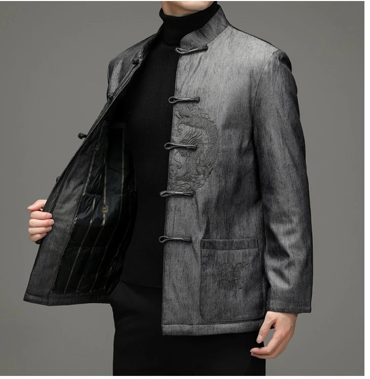 black traditional-style Chinese Men’s Dragon Embroidered Goose Down Tang Jacket with black buttons on a gray background