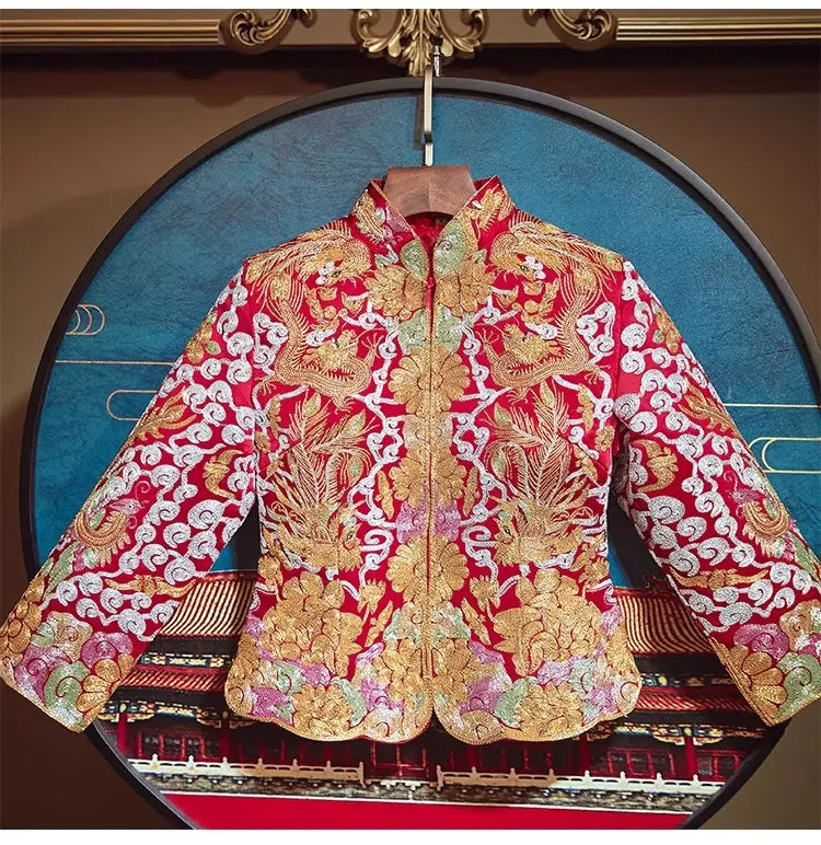 Multicolored Embroidered Qun Kwa - Cai Kwa Chinese Wedding Dress for Bride