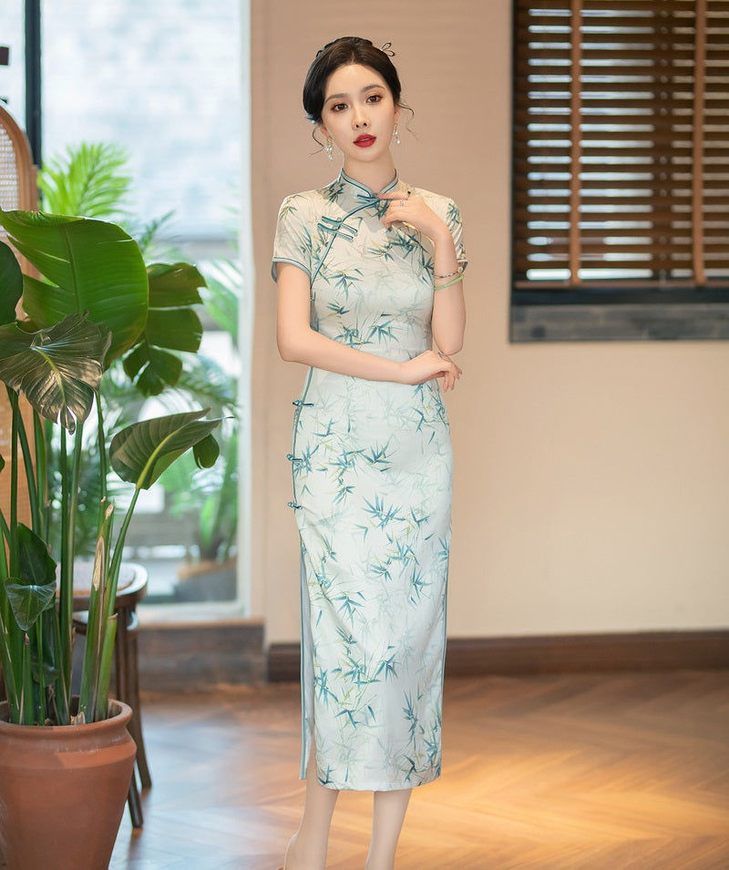 Chinese Green Bamboo Leaves Print Cheongsam Qipao Dress front 1