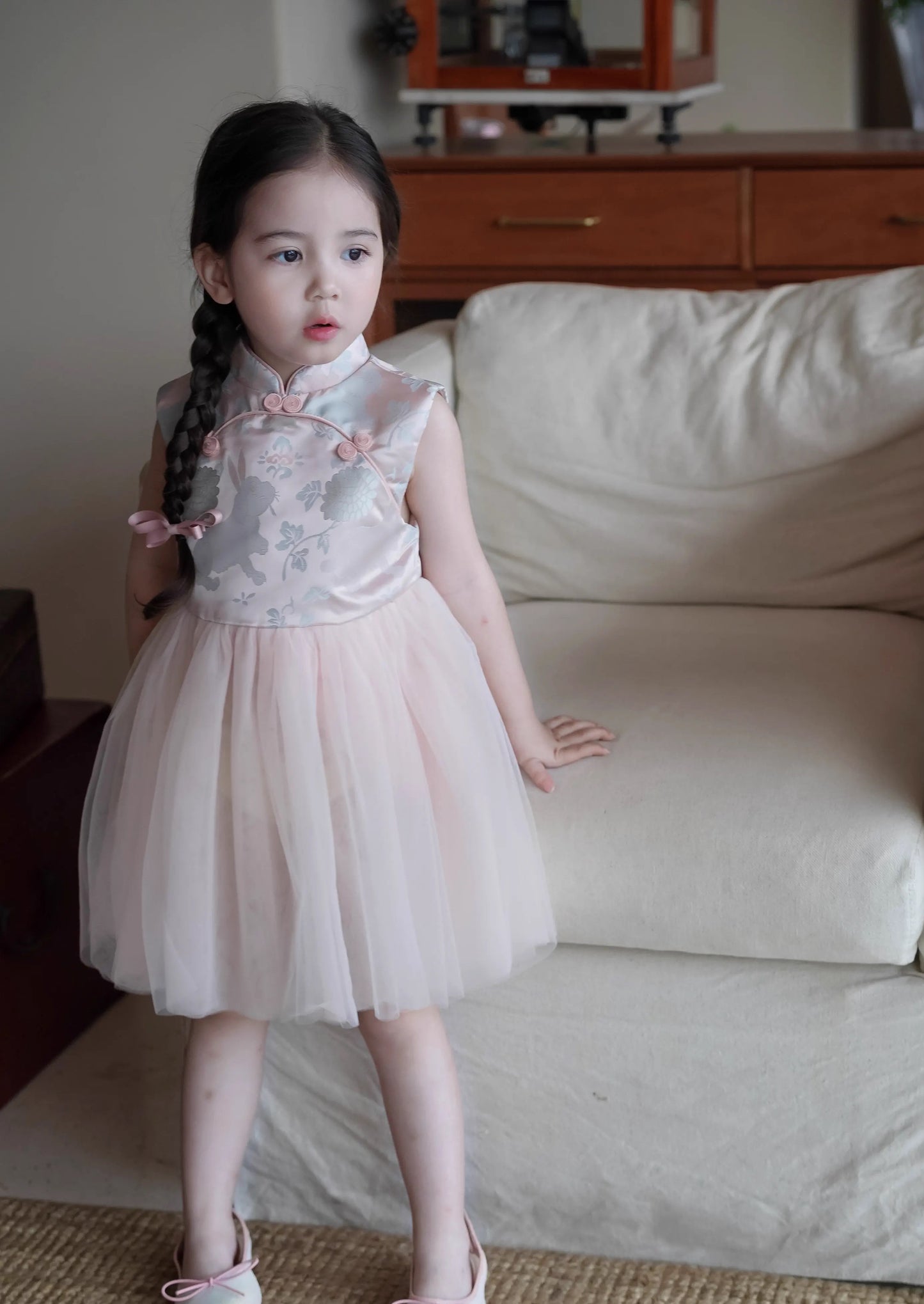 Robe Qipao Cheongsam en tulle satiné à fleurs roses pour enfant