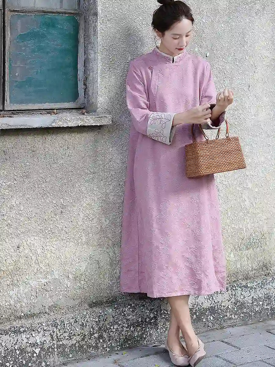 Pink Floral Long Sleeves Loose Qipao Cheongsam Dress
