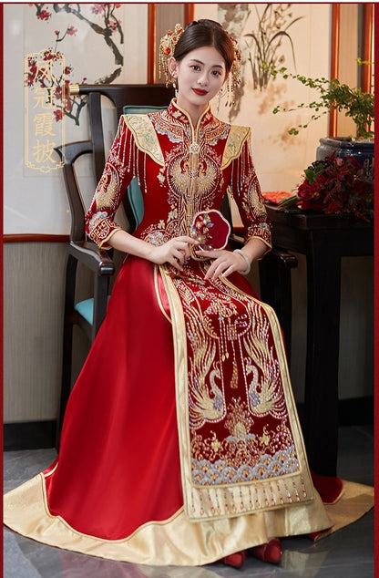 red gold traditional chinese bridal wedding qun gua dress