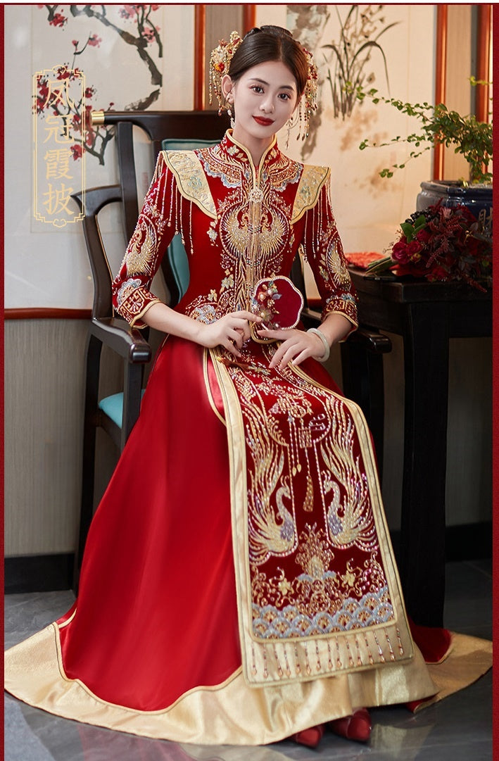 red gold traditional chinese bridal wedding qun gua dress
