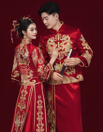 couple in Traditional Chinese Wedding Qun kwa Gua and dragon tang suit Ma Gua Set