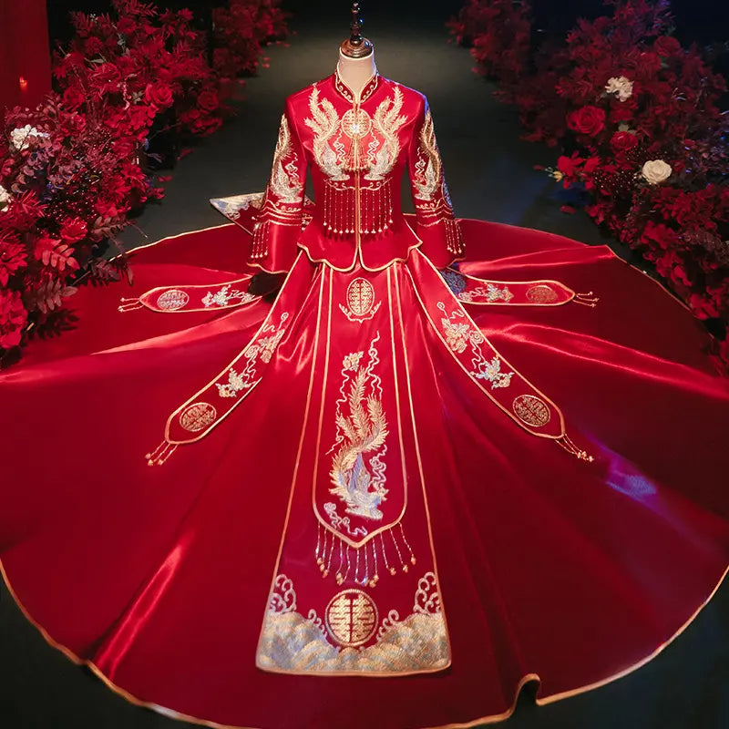 Red Traditional  Chinese Wedding Dress  phoenix  Qun Kwa for bride 