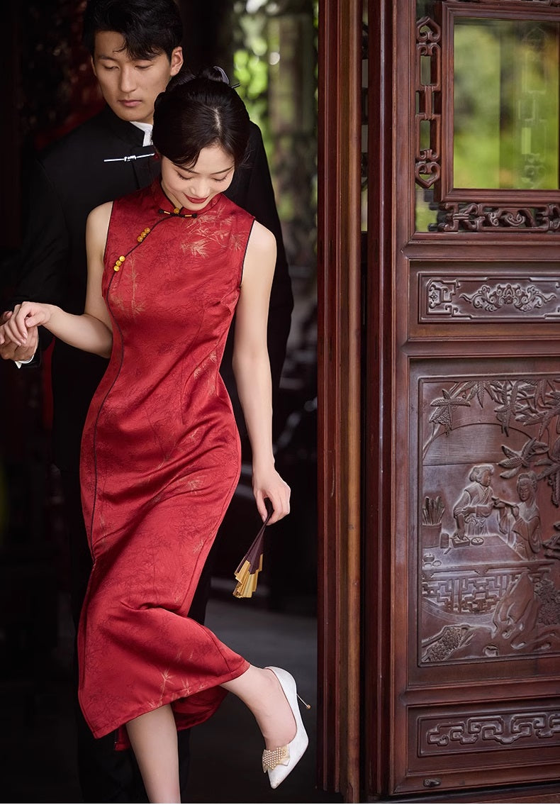 Red Jacquard Sleeveless Qipao Cheongsam Dress| Bamboo Leaves