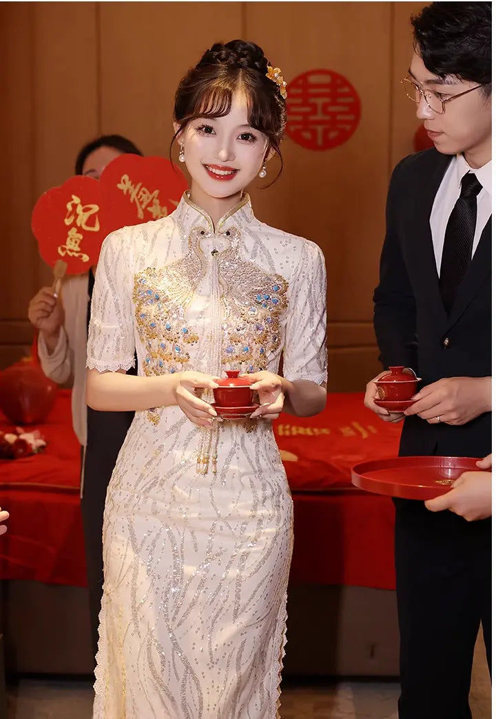 Ivory Sequin pheonxi bridal Cheongsam Qipao Dress for chinese wedding tea ceremony