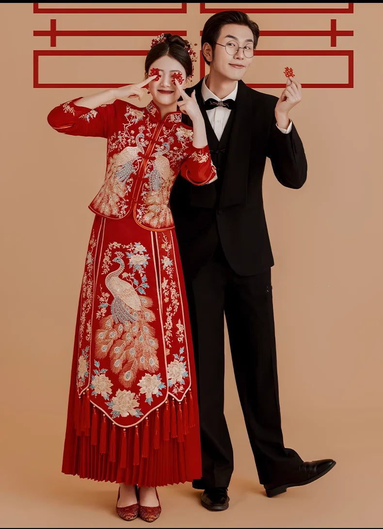 Red Chinese Wedding Bridal Qun kwa| Peacock