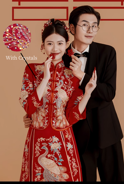 Red Chinese Wedding Bridal Qun kwa| Peacock