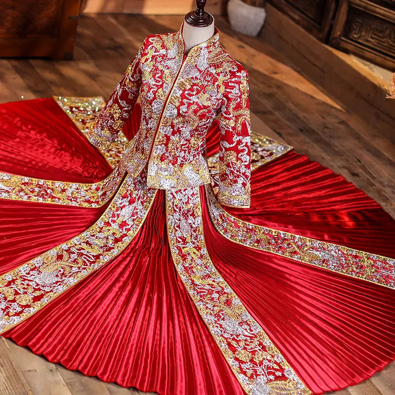 Traditional Chinese Red Bridal  dragon pheonix Qun Kwa Dress