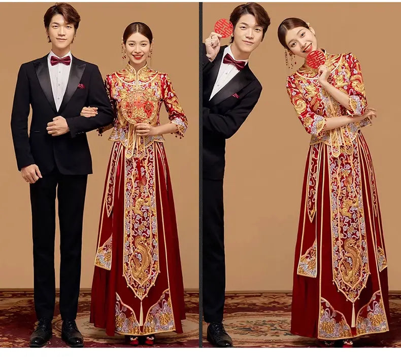 Red and gold  traditional Chinese Wedding pheonix  Qun Kwa Dress