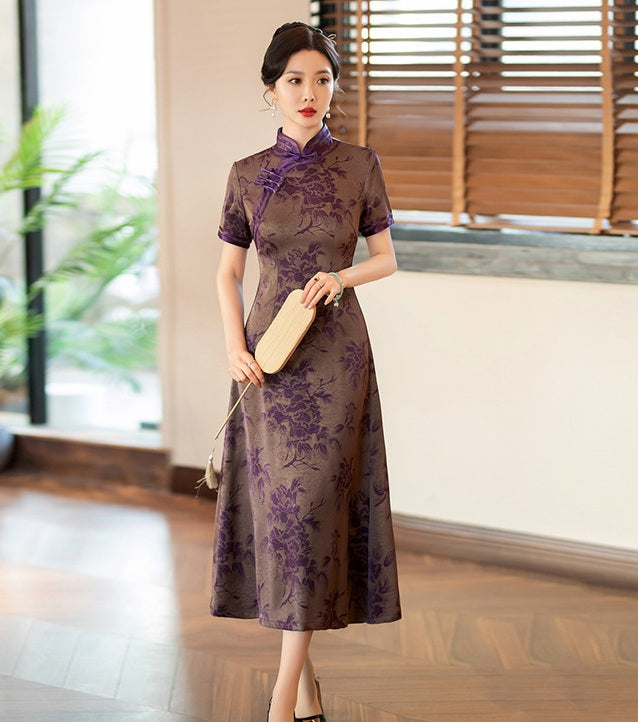 Purple Peony Flower A Line Qipao