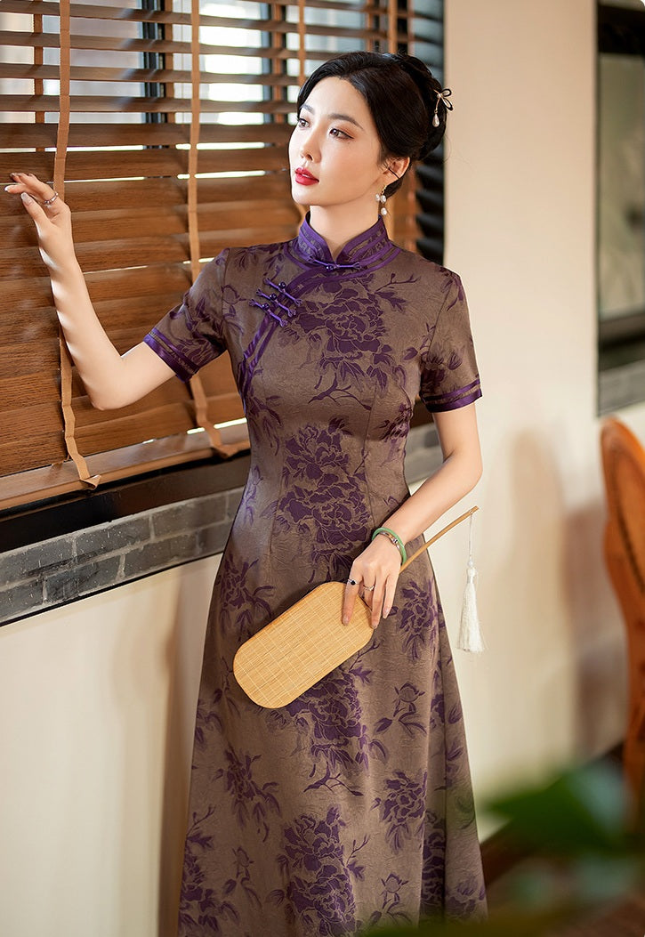 Purple Peony Flower A Line Qipao