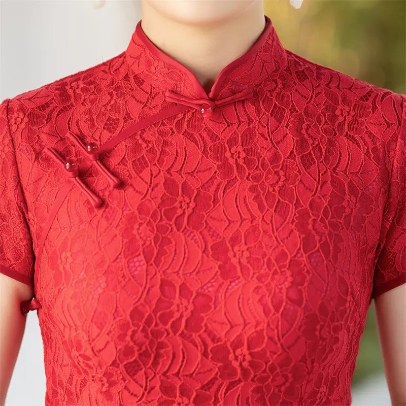Auspicious Red Lace Qipao  with a blurred background