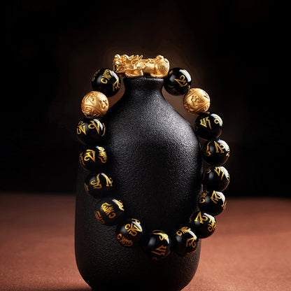 Obsidianperlen mit buddhistischem Mantra Feng Shui Pixiu Reichtumsarmband