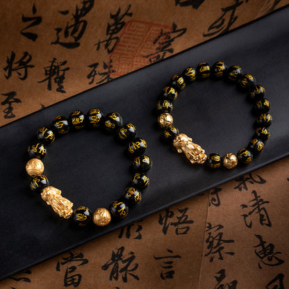 Obsidianperlen mit buddhistischem Mantra Feng Shui Pixiu Reichtumsarmband