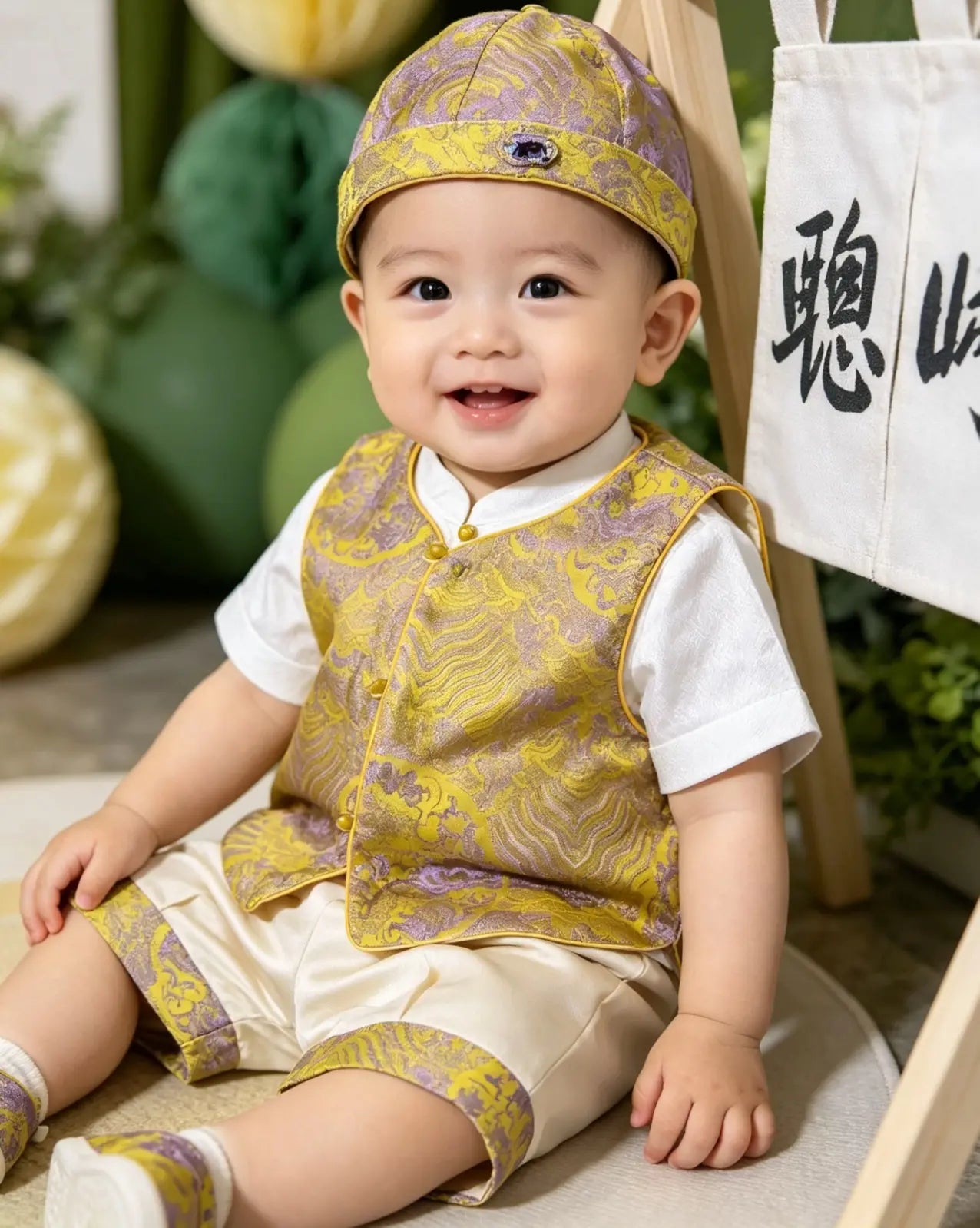 Baby wearing a Baby Boy Golden Traditional Chinese Tang Vest Suit Set outfit with a yellow and purple pattern, sitting on a wooden floor.