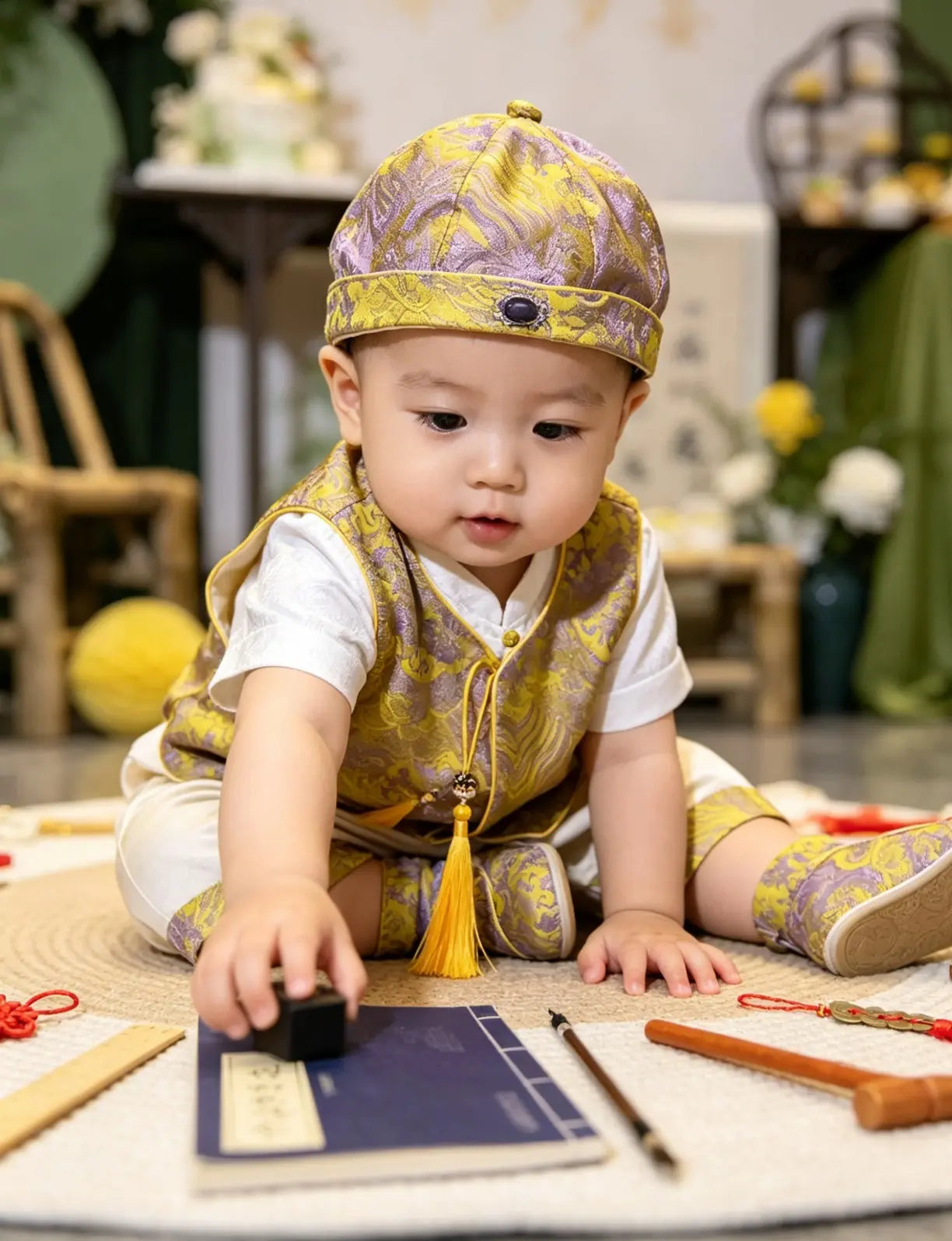 Baby Boy in Golden Traditional Chinese Tang Vest Suit Set with Hat outfit playing with writing utensils on a table