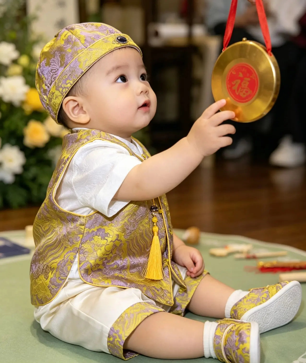 Baby Boy in Golden Traditional Chinese Tang Vest Suit Set with Hat outfit holding a gold bell