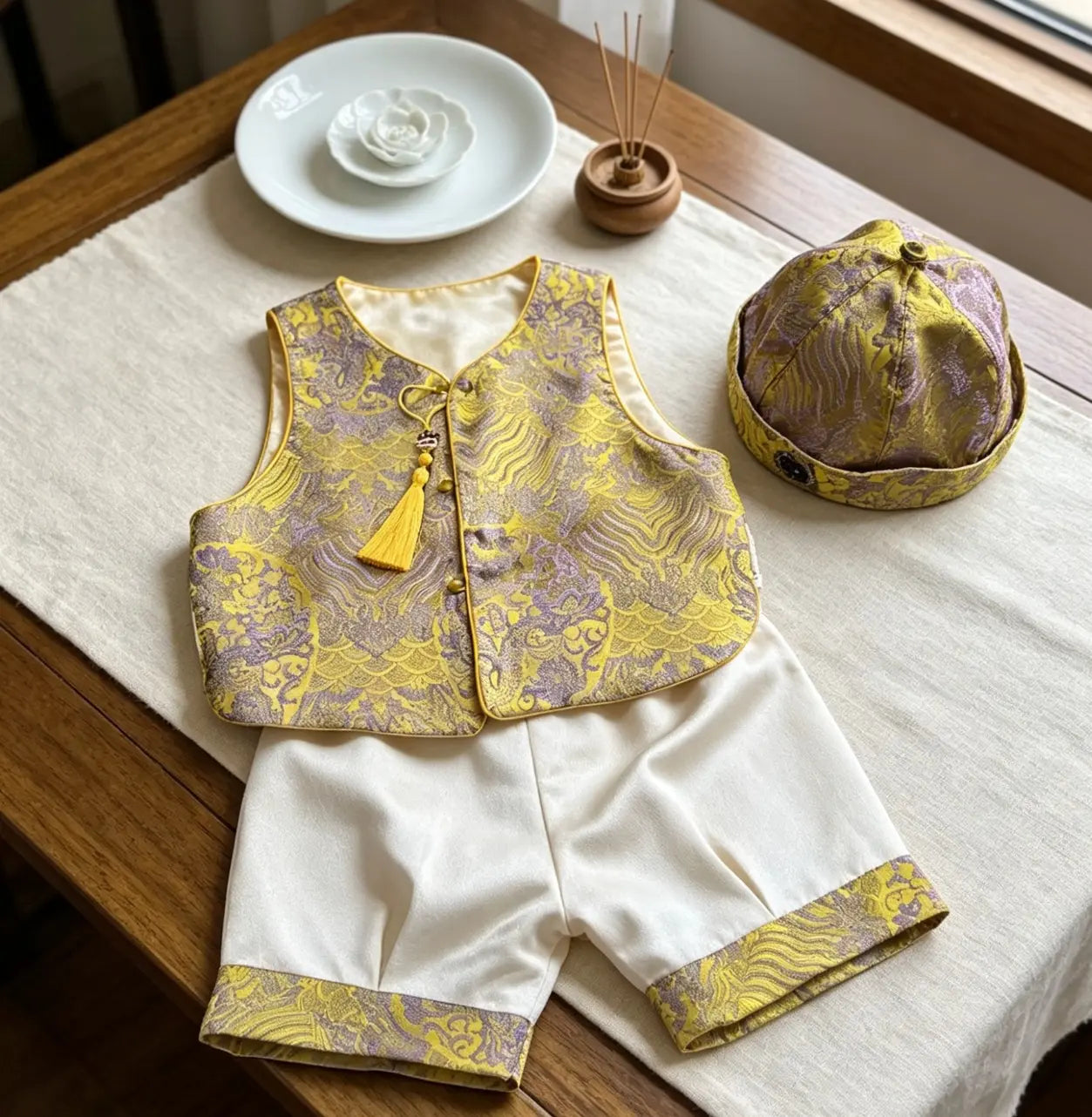 Traditional chinese baby outfit with yellow and purple patterns on a wooden table.