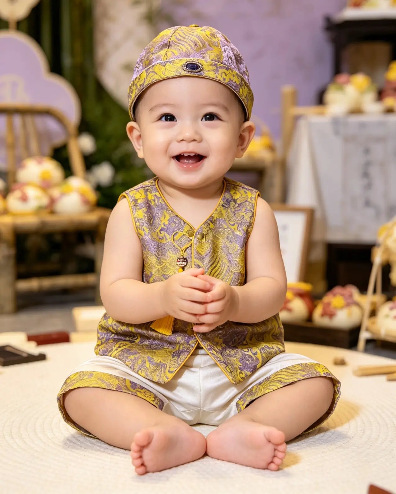 Baby Boy  in Golden Traditional Chinese Tang Vest Suit Set with Hatoutfit with floral hat sitting on a soft surface