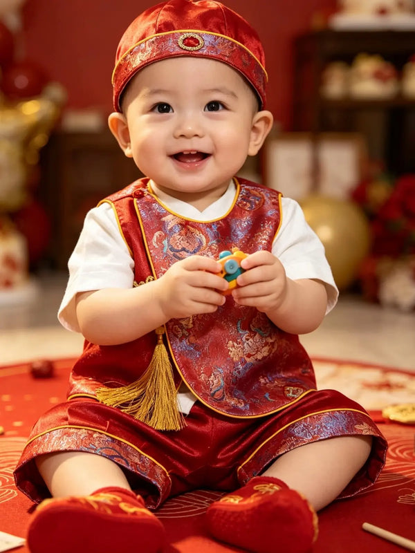 Child in traditional red  Chinese Tang Qilin  outfit with decorative vest and hat, holding a toy, on a festive background.