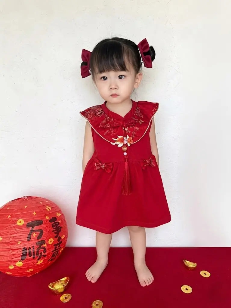 Child wearing a Baby Girl Red Traditional Chinese Summer Zhuazhou Ceremony Dress on a white background