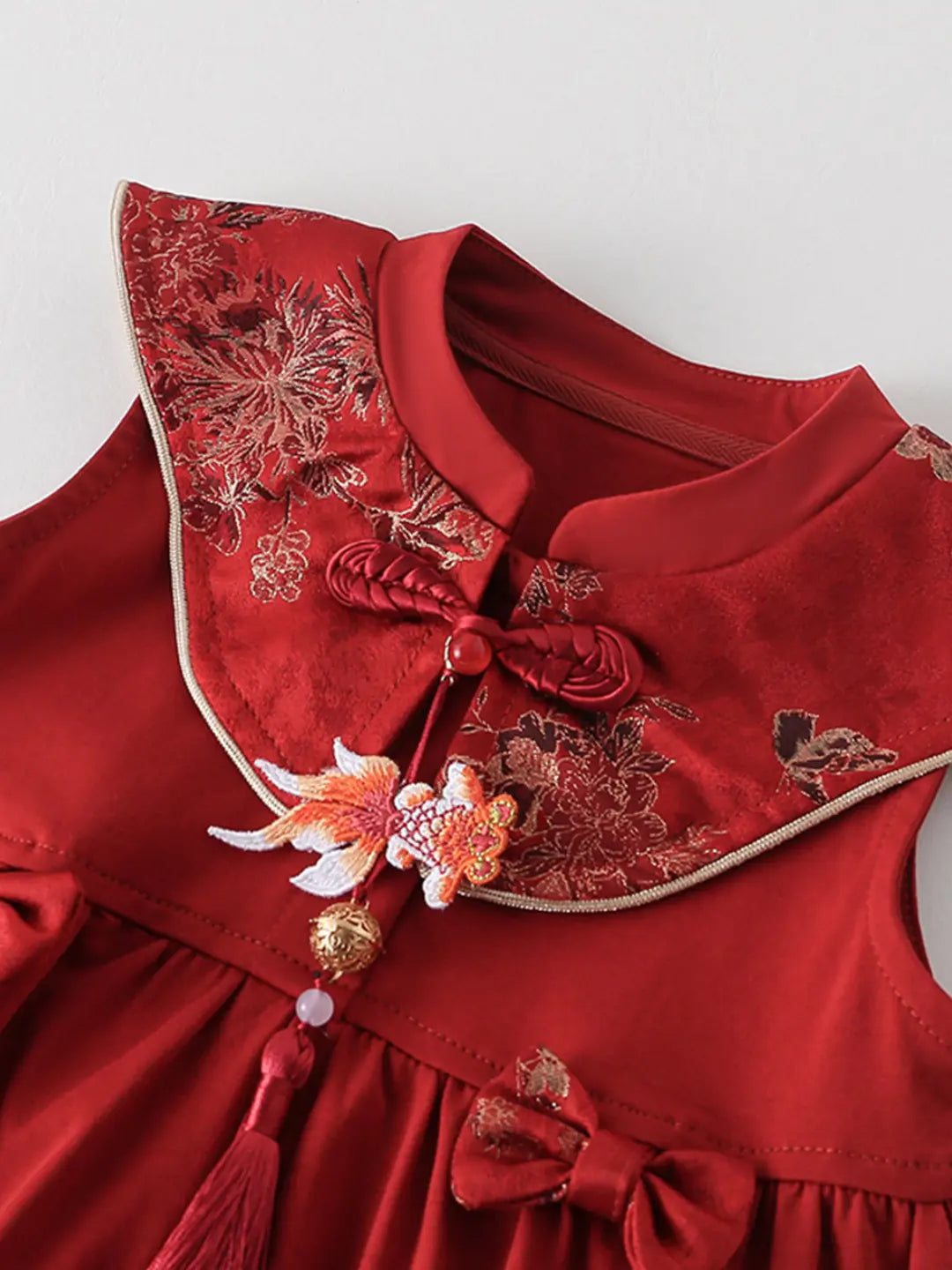 Baby Girl Red Traditional Chinese Summer Zhuazhou Ceremony Dress  with floral embroidery and decorative elements on a white background