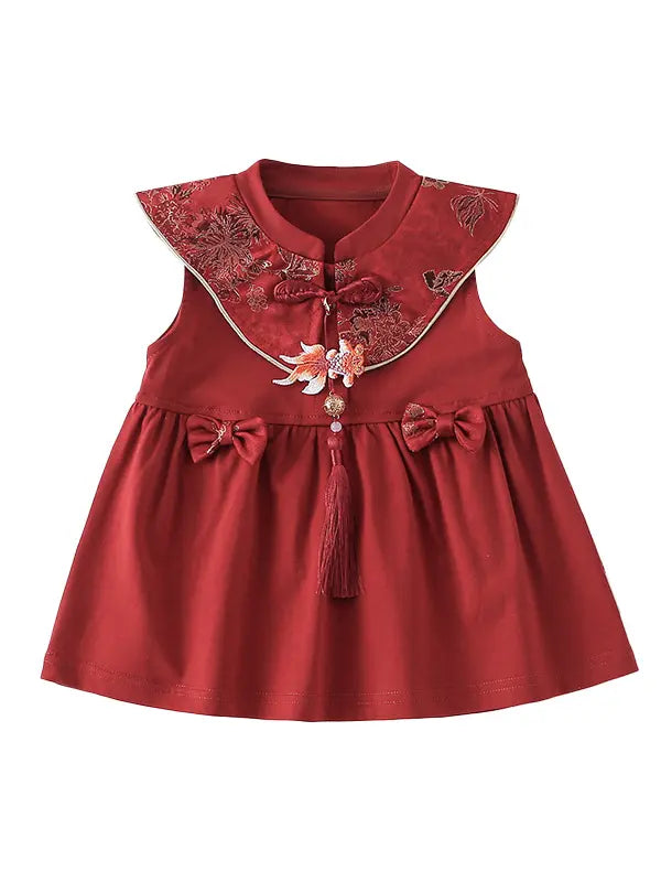 Baby Girl Red Traditional Chinese Summer Zhuazhou Ceremony Dress  with floral collar and bow details on a white background