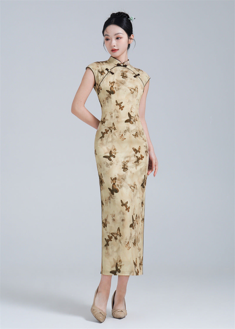 Beige Butterfly Print Qipao Dress