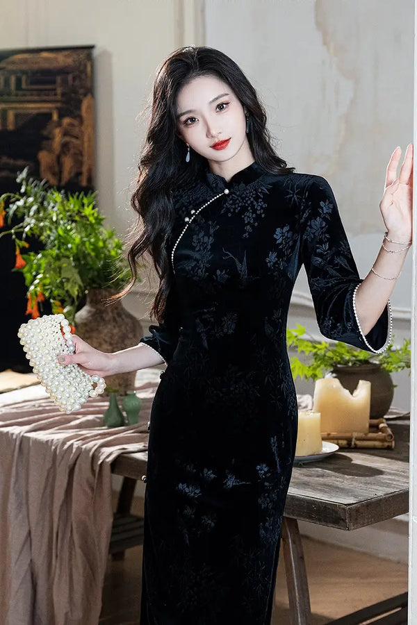 Black 3/4 Long Sleeves Velvet Jacquard Qipao with Pearl Trim