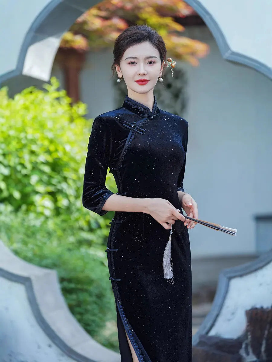 Black Long Sleeves Velvet Chinese Qipao Dress