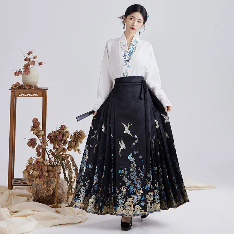 Black Ming-style Waven Gold MaMian Skirt and Cross-collar Blouse