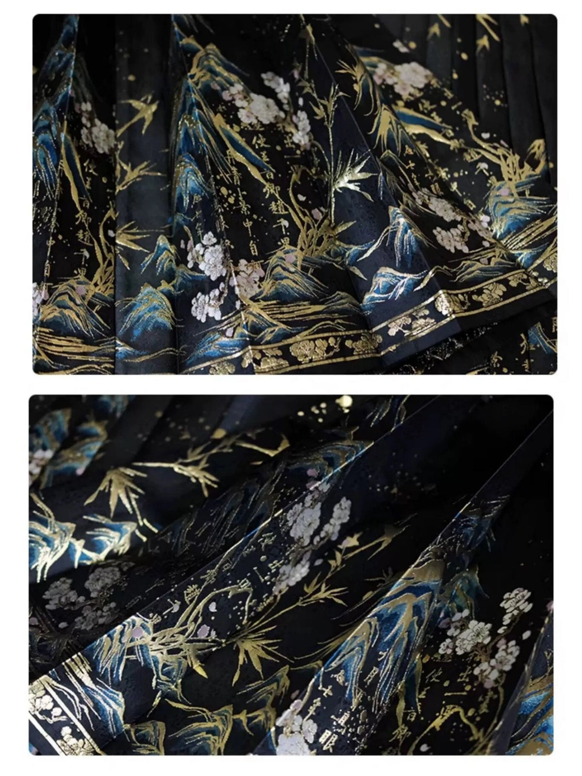 Two close-up panels showing a dark patterned fabric Black Ming Dynasty Style Landscape Embroidered MaMian Skirt  with a scenic print of mountains, bamboo, and white blossoms in blue, gold, and silver tones.