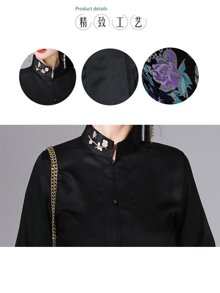 A black satin-like long-sleeve blouse with a high collar and embroidered floral details on the chest, shown on a model. The image includes three circular detail insets at the top showing the collar embroidery, fabric texture, and a close-up of the floral embroidery.