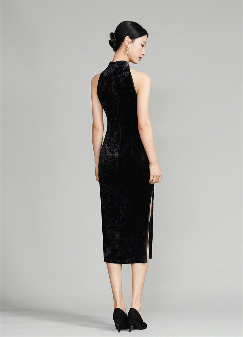 Black Modern Halter Neck Velvet Qipao Cheongsam dress