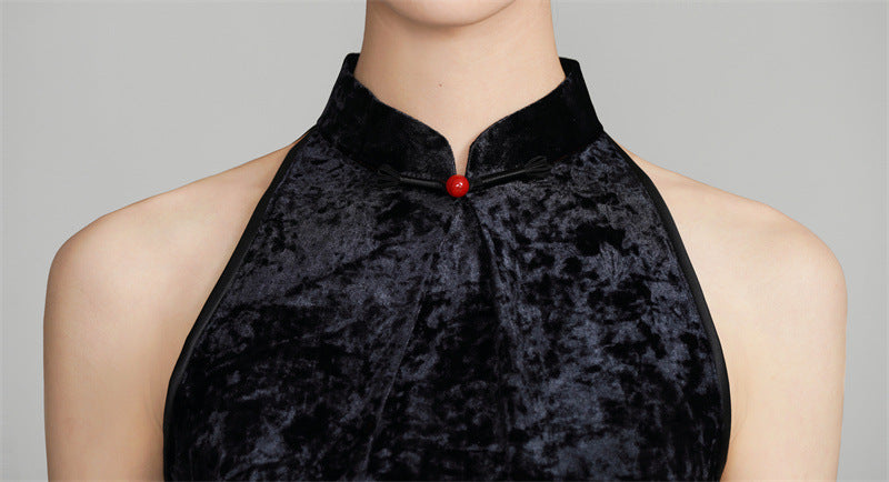 Black Modern Halter Neck Velvet Qipao Cheongsam dress
