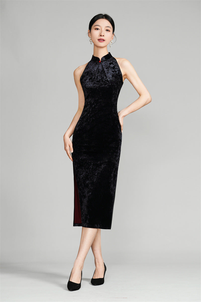 Black Modern Halter Neck Velvet Qipao Cheongsam dress