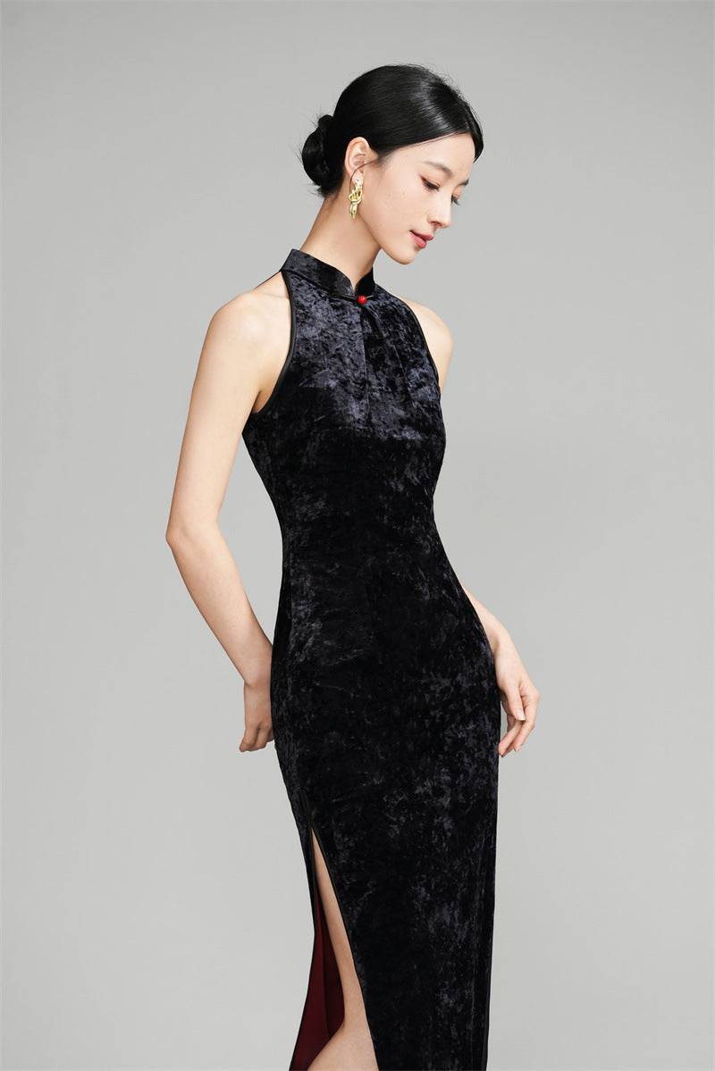 Black Modern Halter Neck Velvet Qipao Cheongsam dress
