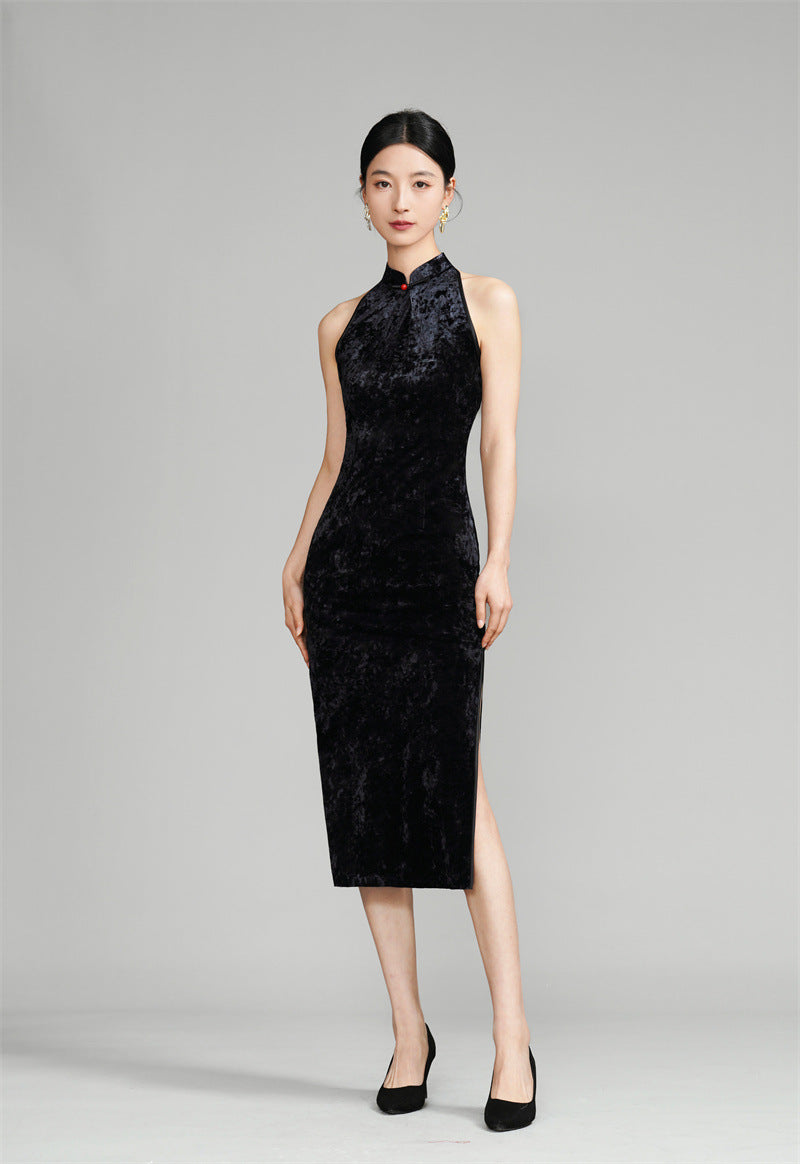 Black Modern Halter Neck Velvet Qipao Cheongsam dress