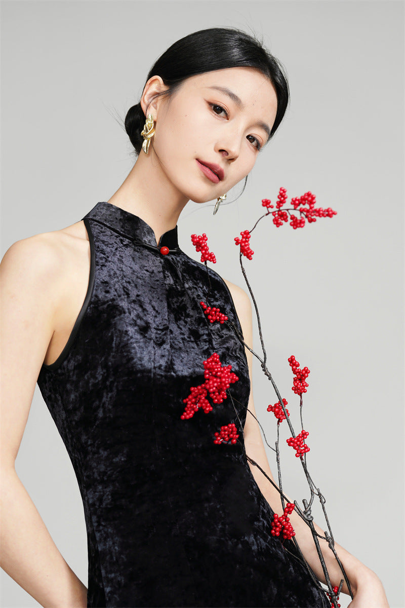 Black Modern Halter Neck Velvet Qipao Cheongsam dress