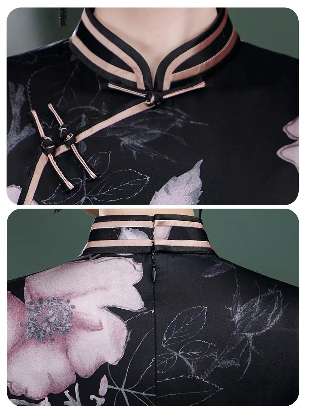 Black traditional outfit with floral patterns and decorative elements on a dark background