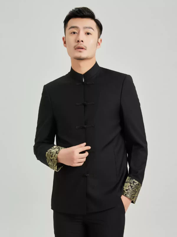 Black Zhongshan Suit with Gold Brocade Dragon Cuffs – Traditional Chinese Menswear 