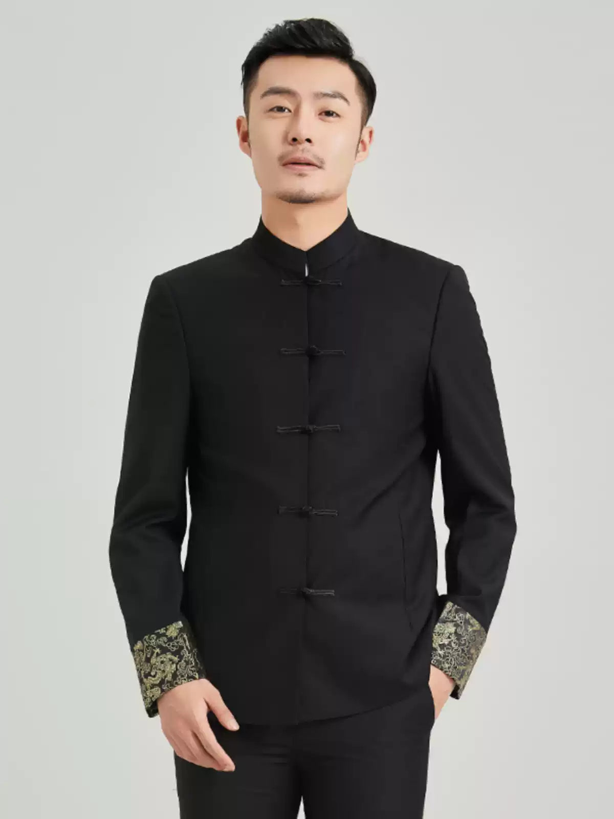 Black Zhongshan Tang Suit with Gold Brocade Dragon Cuffs – Traditional Chinese Menswear